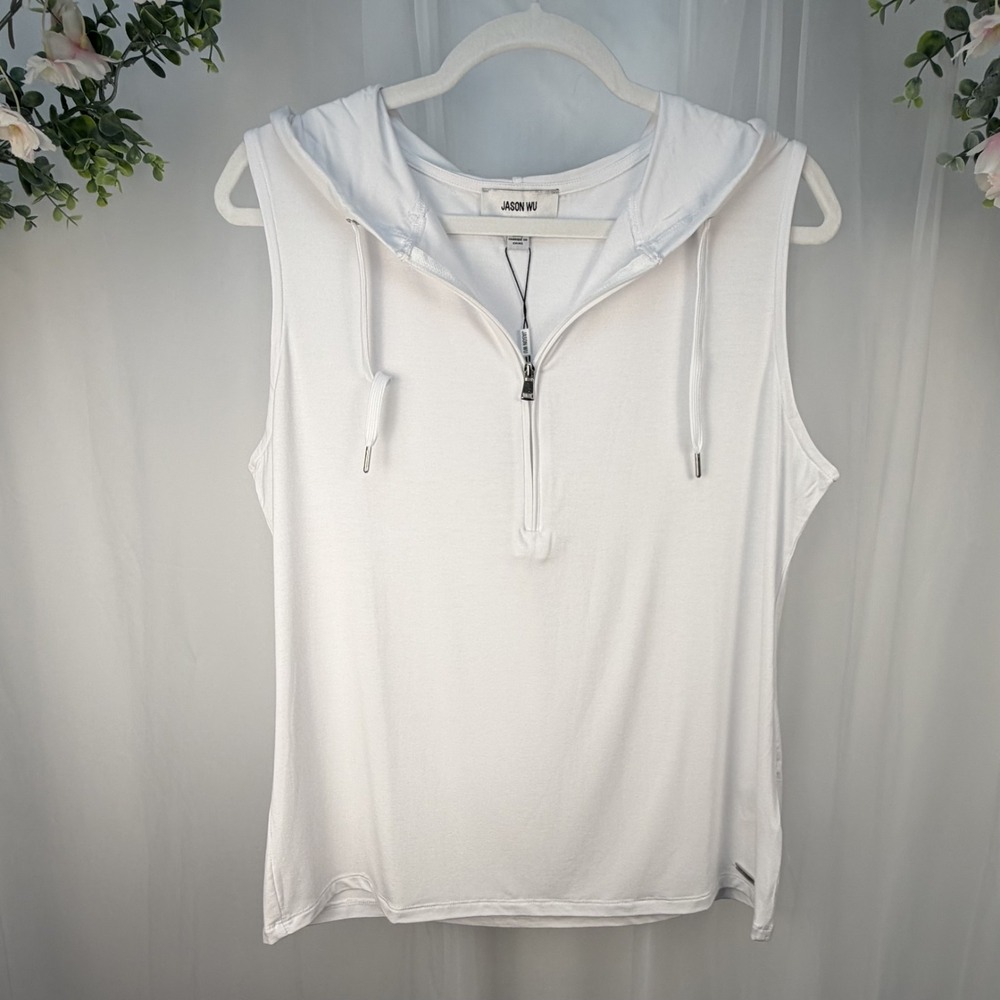 Jason Wu Hoodie Sleeveless 1/2 Zip White Pullover Size M Drawstrings Hood